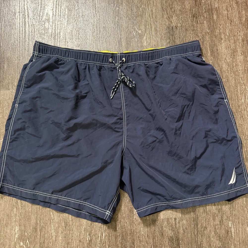 Nautica Swim Trunks Men 4XL‎ Navy Blue Contrast Stitch Mesh Lined Board Shorts